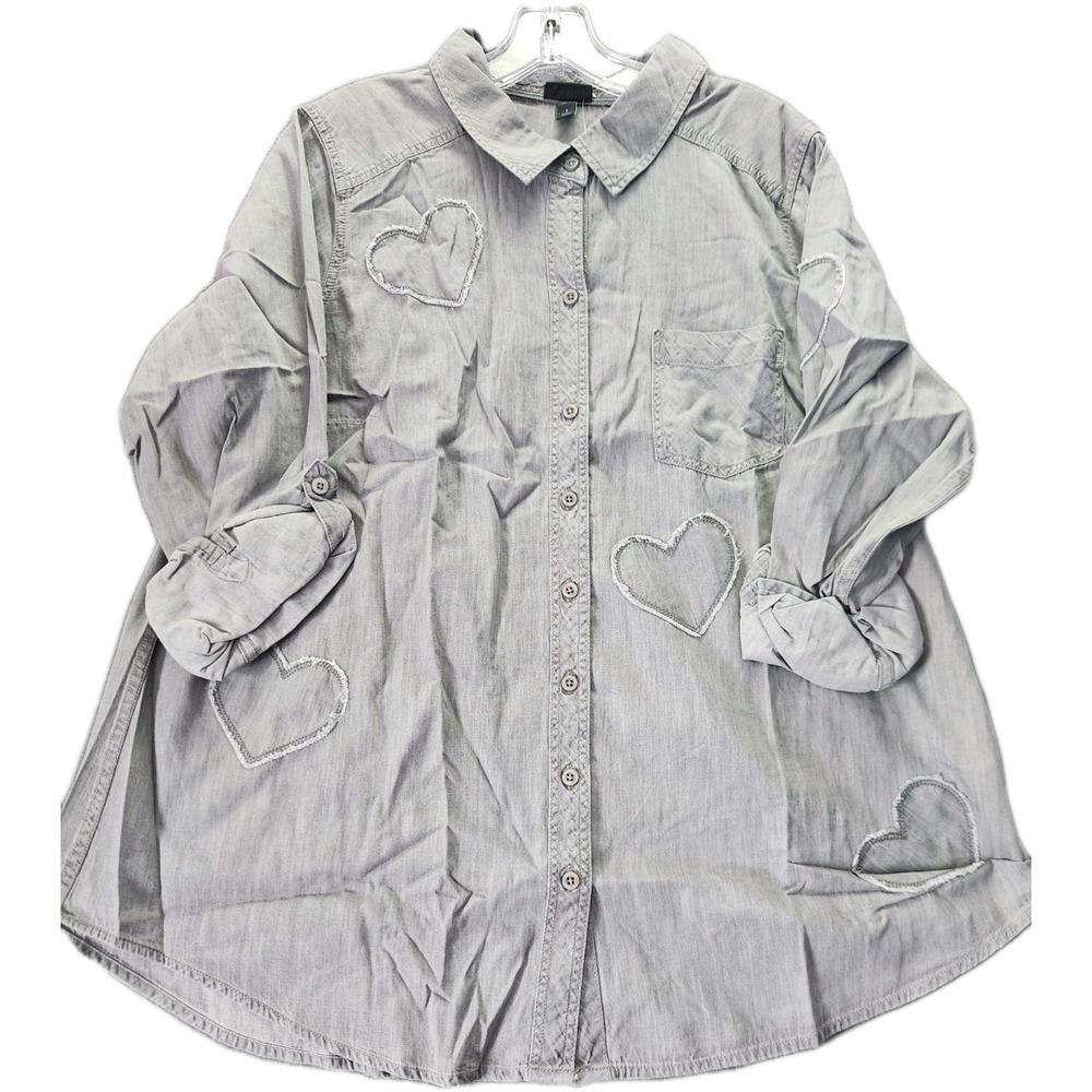 Torrid Size 1X Shirt Taylor Dark Grey Denim Heart Button Front Relaxed Women NWT